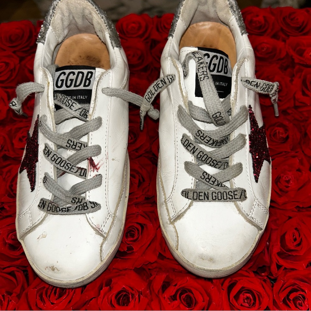 Golden Goose White Sneakers with Glitter Red Star